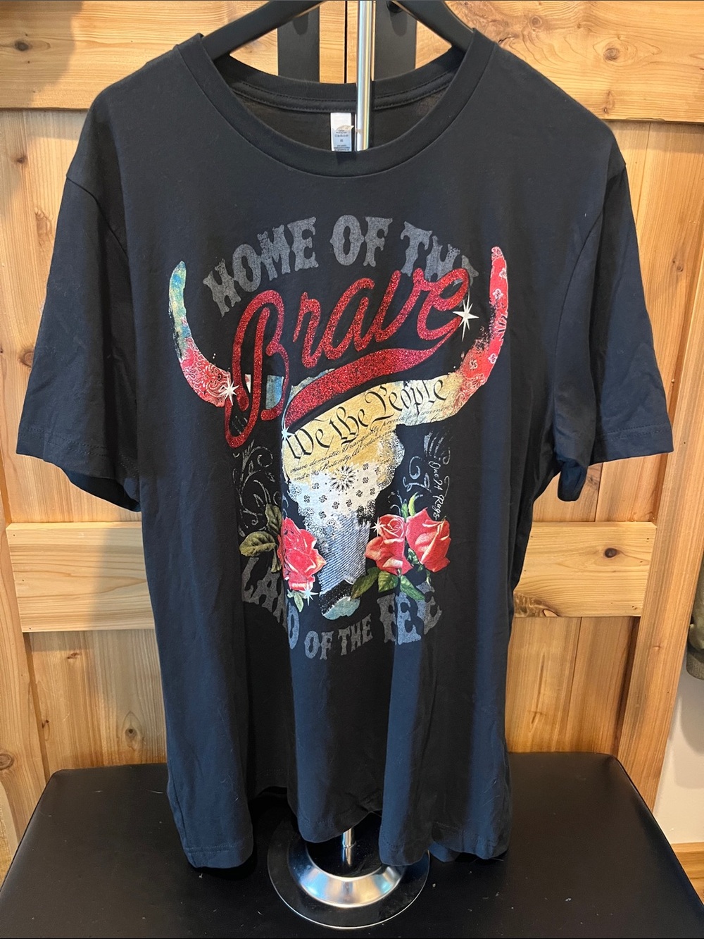 Graphic Short Sleeve Tee Patriotic with Bull Skull “We The People” - Black